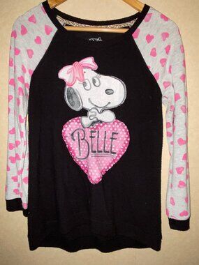 Snoopy & Belle brand Belle shirt, black with pink hearts sleeves NWOT  XL 14-16